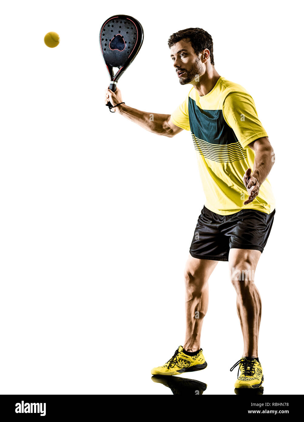 one caucasian man playing Paddle tennis player isolated on white background Stock Photo