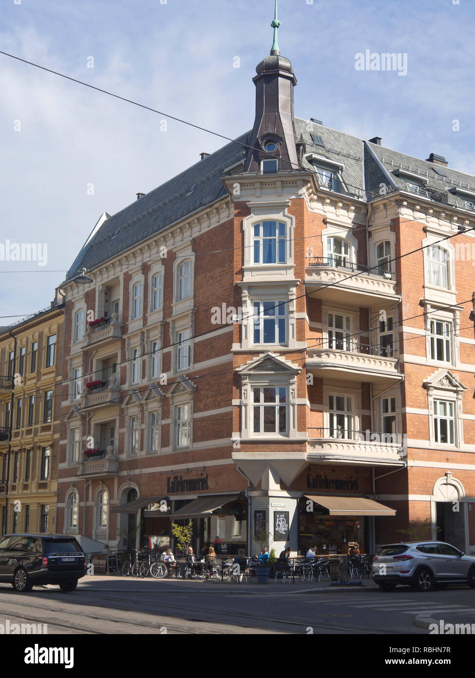 Apartment block with Kaffebrenneriet cafe in Frognerveien street in the Frogner neighborhood of Oslo Norway Stock Photo