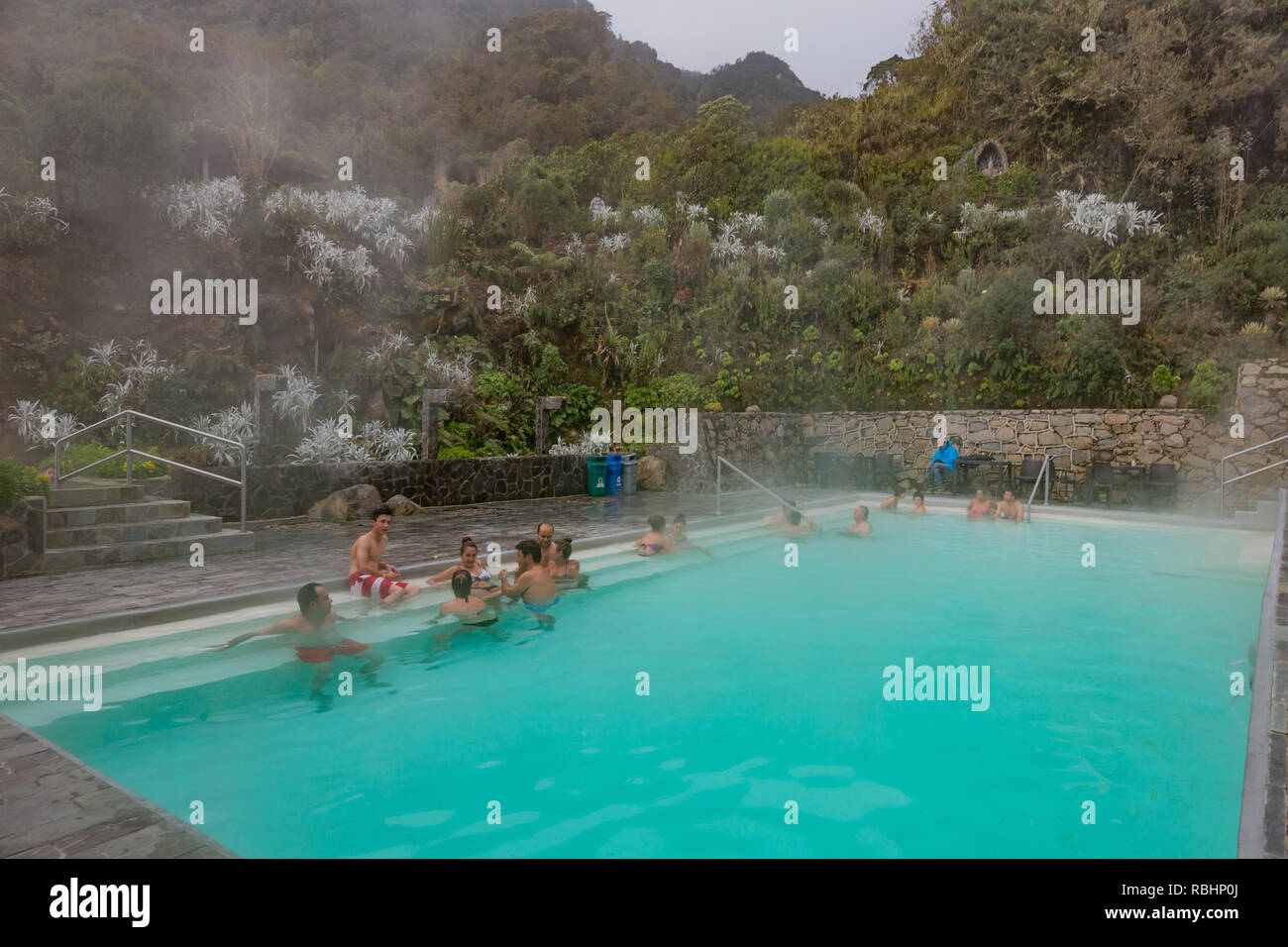 Los Termales  , Colombia  - February 19, 2017 :  people bathing in the hot springs of Hotel Spa Los Termales Caldas in Colombia South America Stock Photo