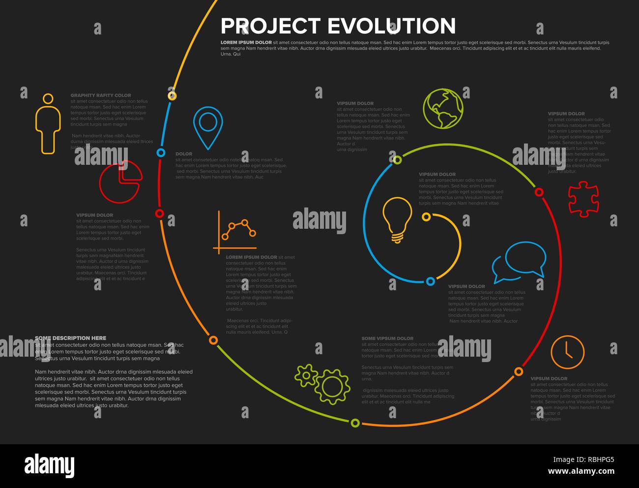 Project evolution timeline template with spiral model and icons dark color version Stock Vector