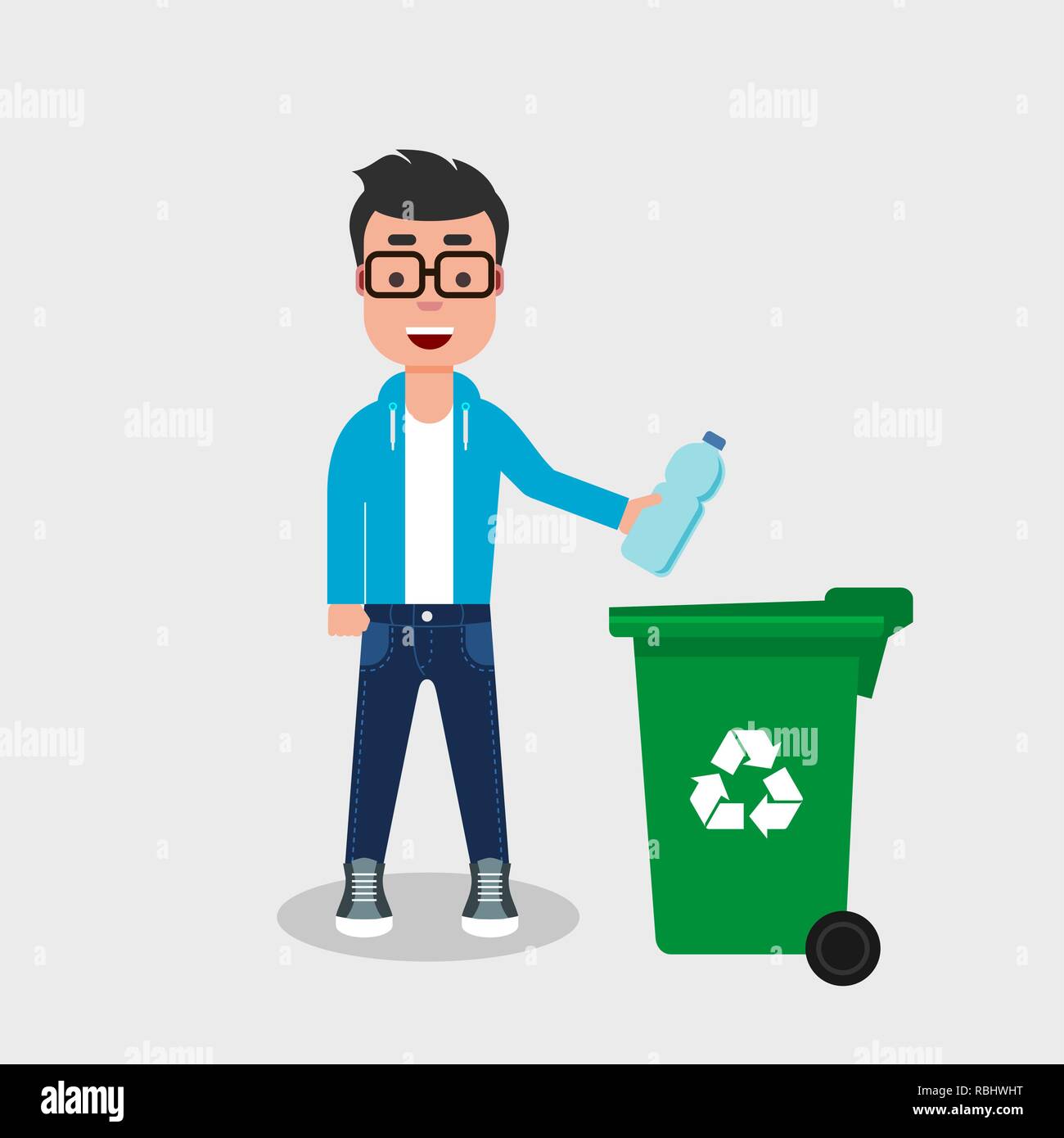 Young man in jeans and sweatshirt throwing plastic bottle in recycle bin. Recycling plastic, segregate waste, sorting garbage, eco friendly, concept. Stock Vector