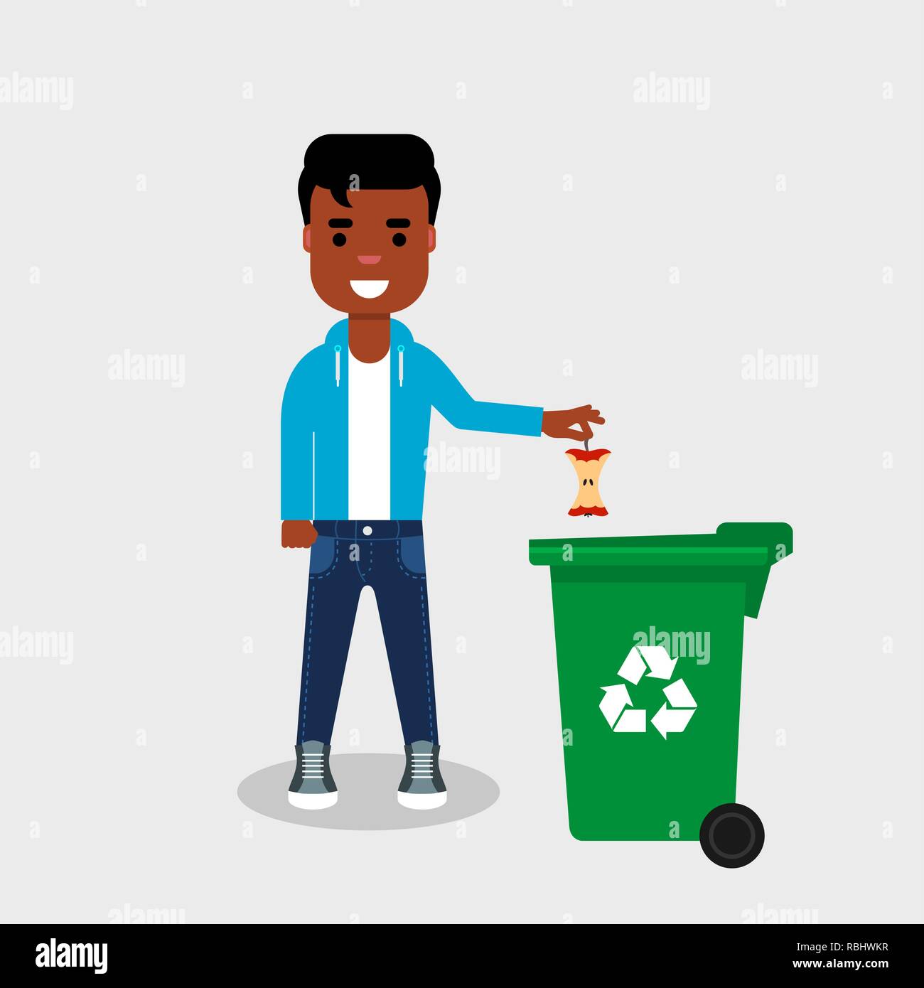 Young African American in jeans and sweatshirt throwing eaten apple in ... - Recycle Hip Creative Draining Apples
