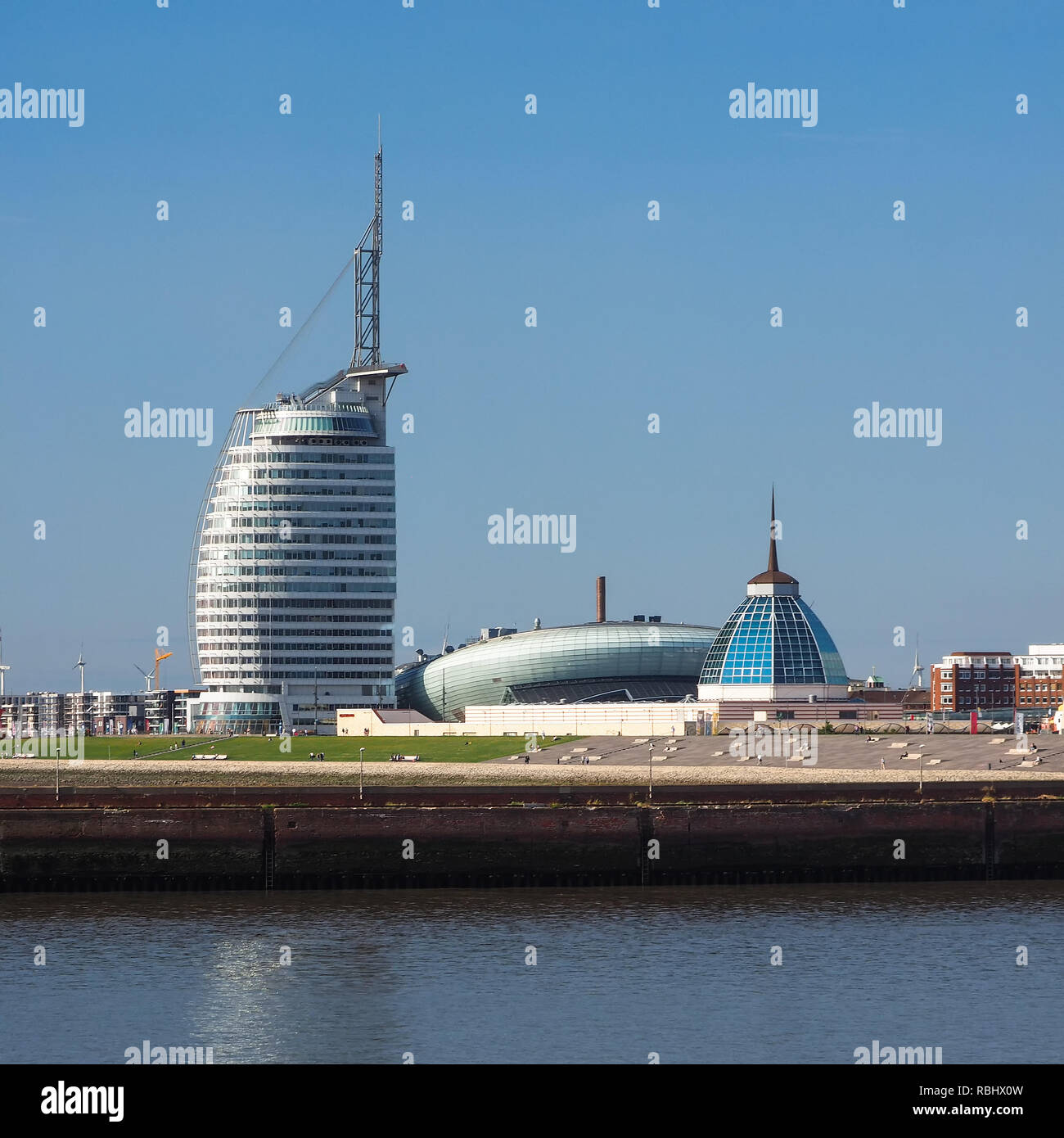 Cityscape of Bremerhaven with Klimahaus, Mediterraneo and Atlantic Hotel Sail City Stock Photo