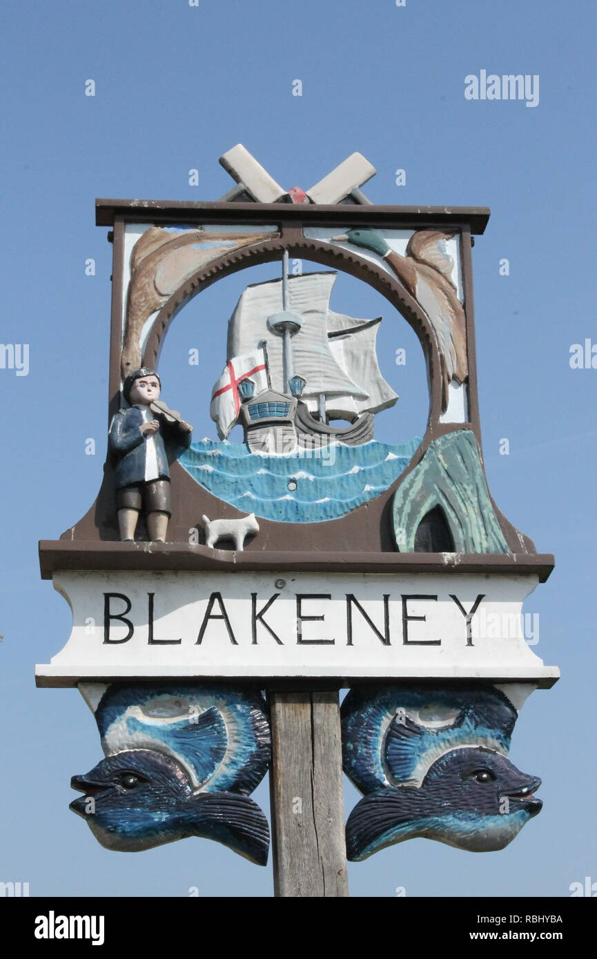 Village sign, Blakeney, Norfolk, England, UK Stock Photo