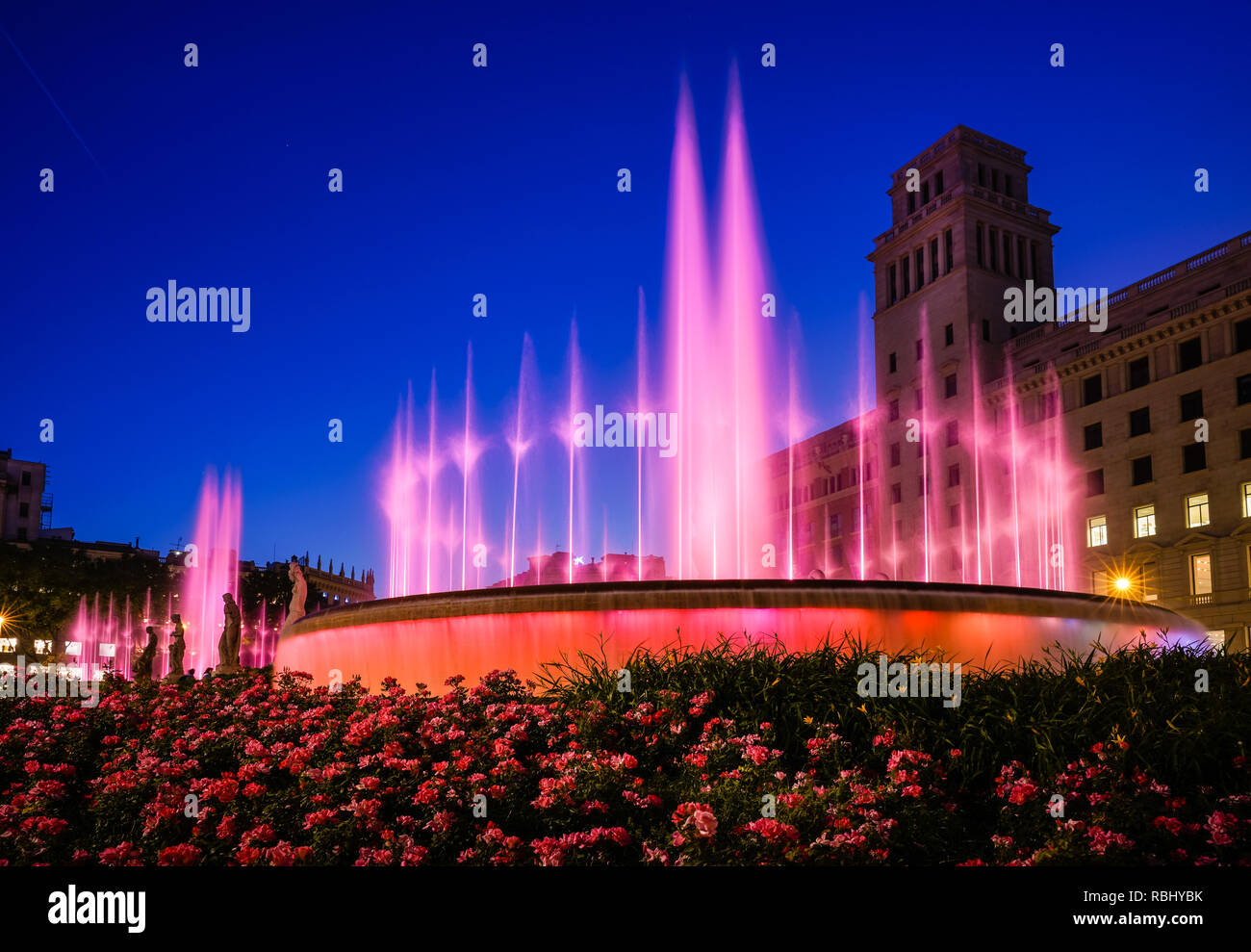 Nighttime view of the fountains on Plaza de Catalunya in Barcelona, Spain Stock Photo