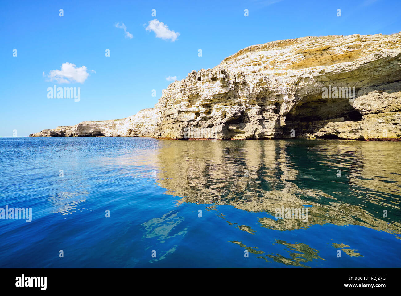 Picturesque coastal caves on the black sea coast . Crimea, Tarkhankut, Russia. Stock Photo