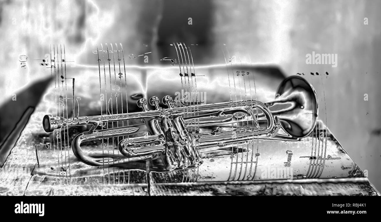 musical notes revolve around the jazz trumpet Stock Photo