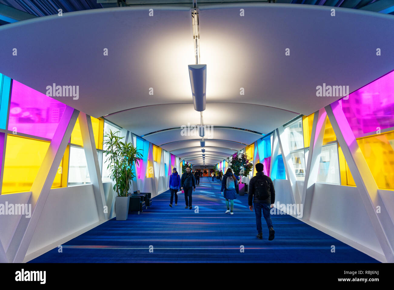 A brightly coloured corridor inside the Metro Toronto Convention Centre, Toronto, Canada Stock Photo