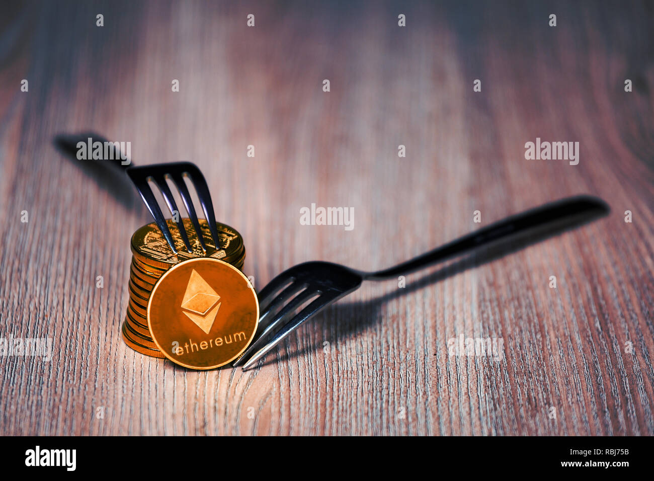 Stack of Ethereum cryptocurrency hard fork concept Stock Photo