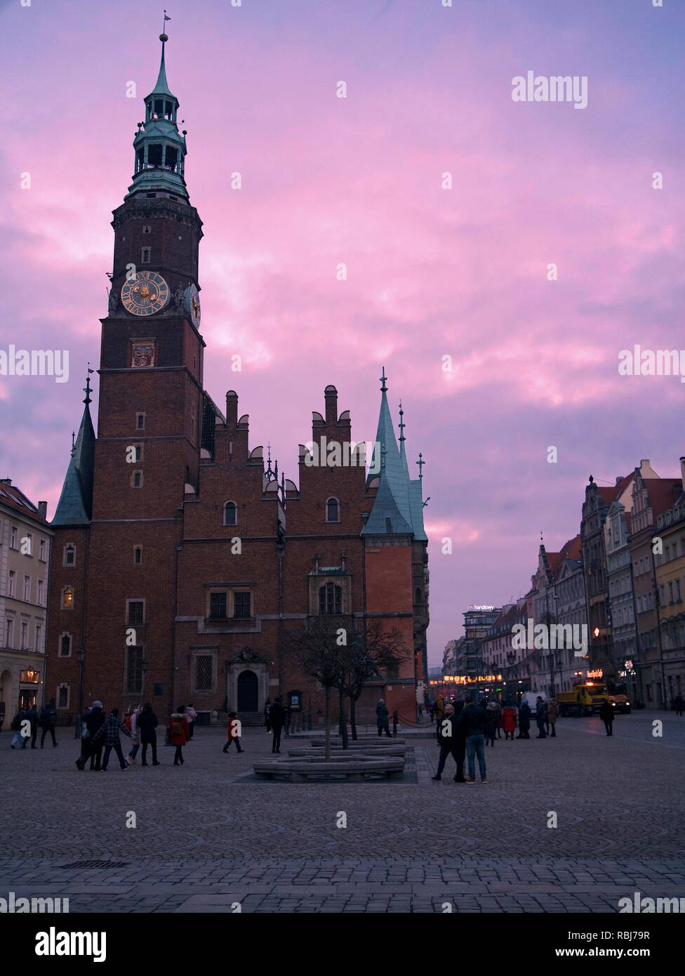 Market Square or Rynek, St. Elizabeth Church at Dusk with Pink Sky Stock Photo