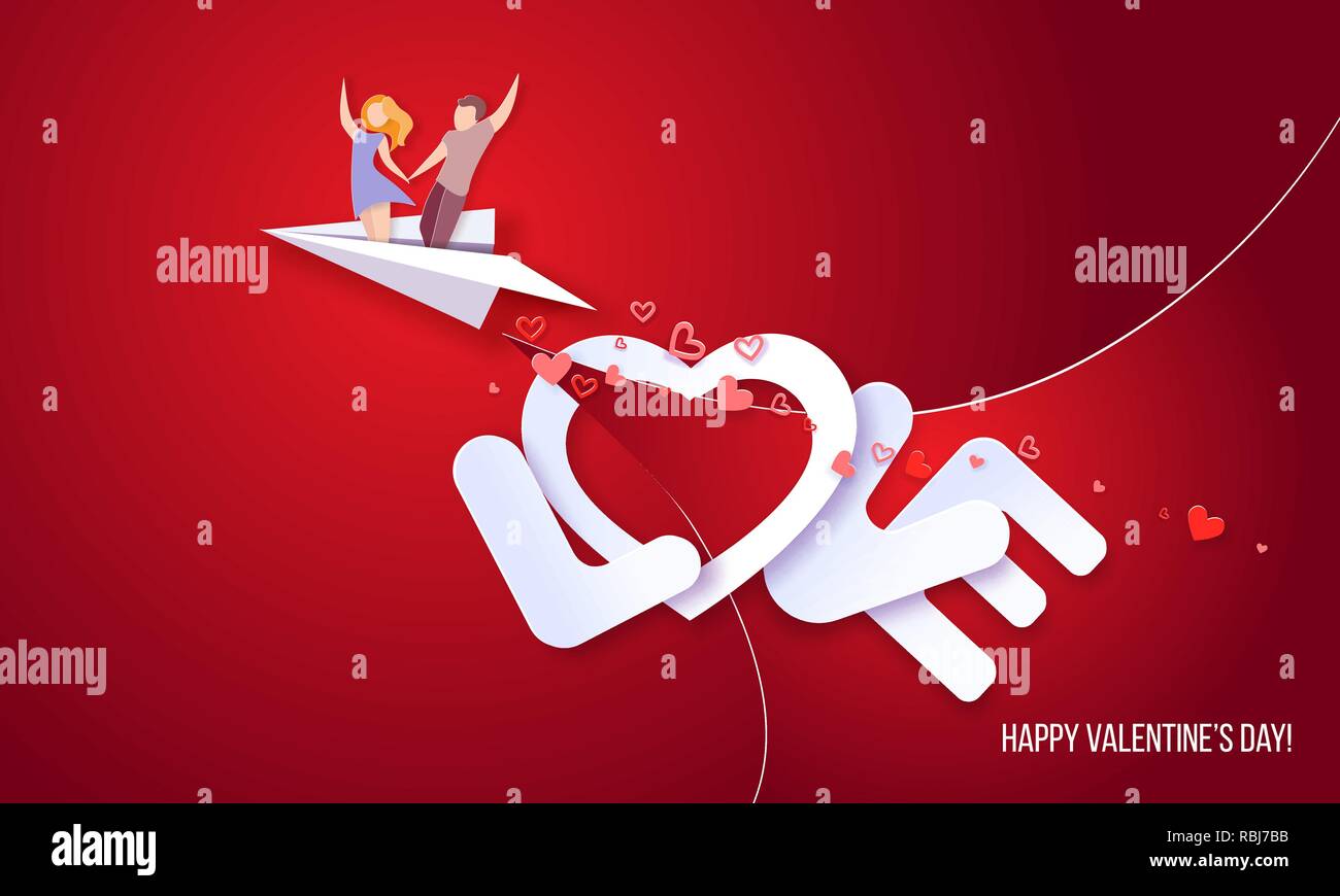 Valentines day card. Couple flying on paper airplane over big letters ...