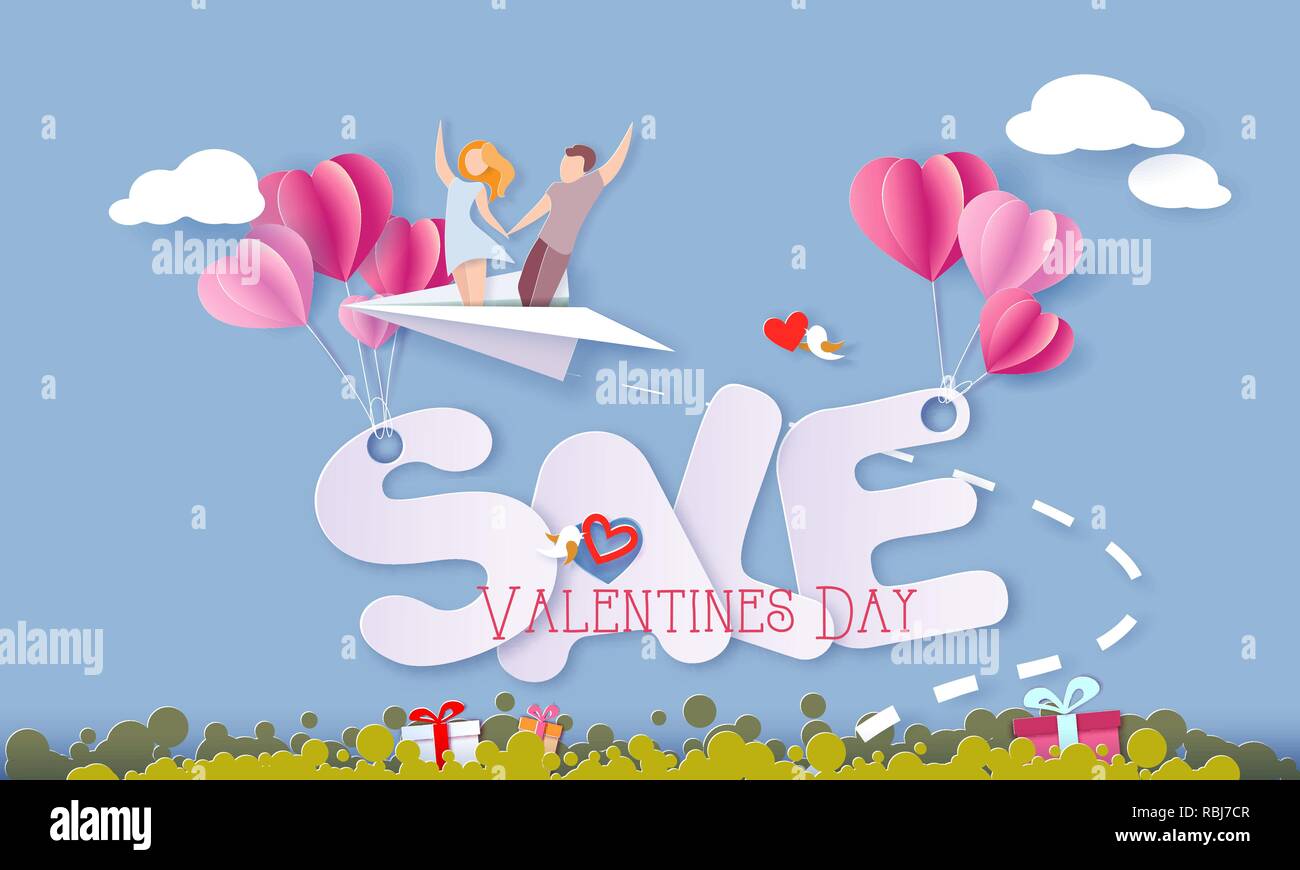 Valentines day sale card with couple flying on paper airplane over big ...