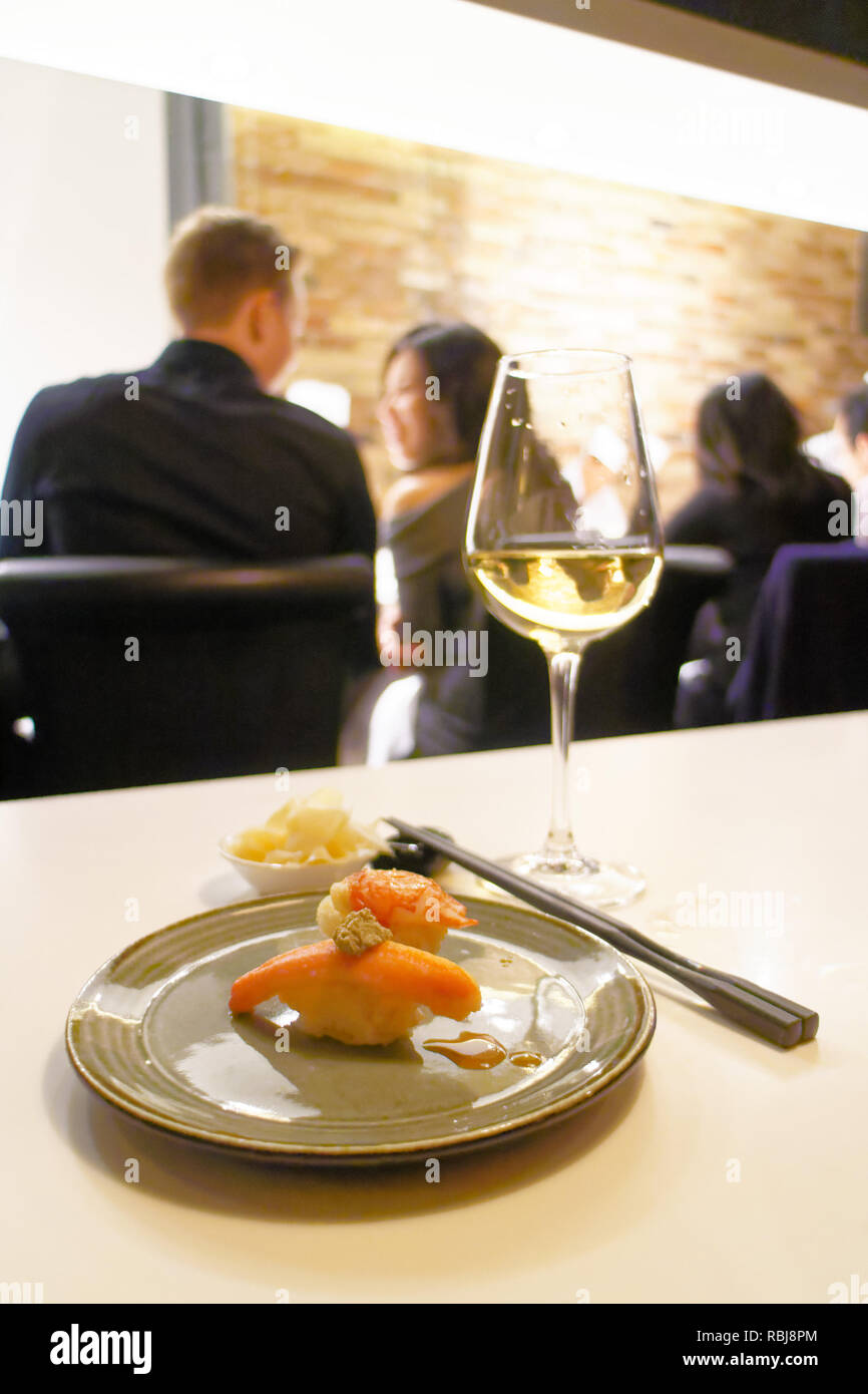 A plate of lobster and snow crab sushi in Yasu Omakase Sushi Bar in Toronto, Canada Stock Photo