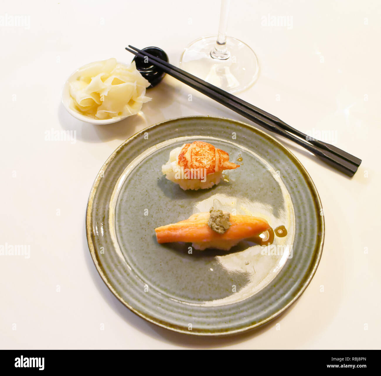 A plate of lobster and snow crab sushi in Yasu Omakase Sushi Bar in Toronto, Canada Stock Photo