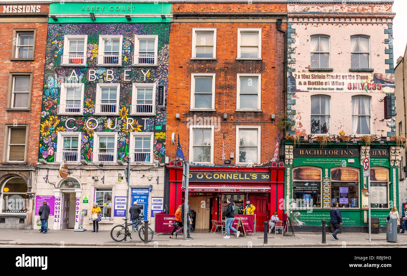 Stores, a pub and apartments on Bachelors Walk in Dublin, Ireland. Stock Photo