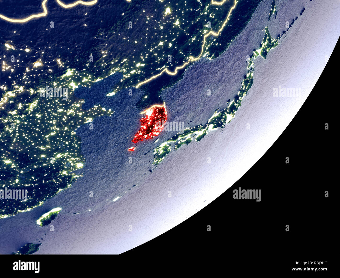 South Korea from space on model of Earth at night. Very fine detail of ...