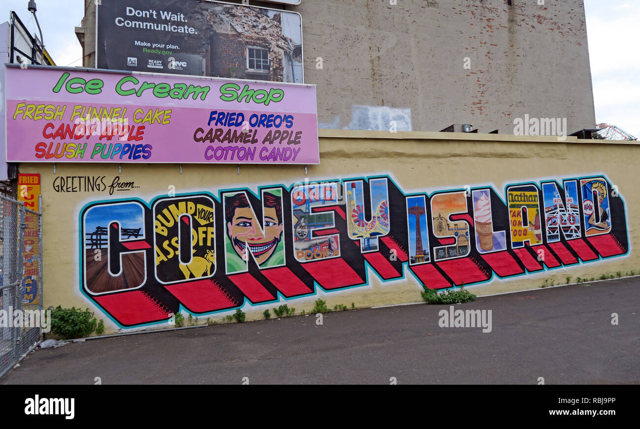 Greetings From Coney Island, spelled in letters, Brooklyn, New York, NYC , NY, USA Stock Photo