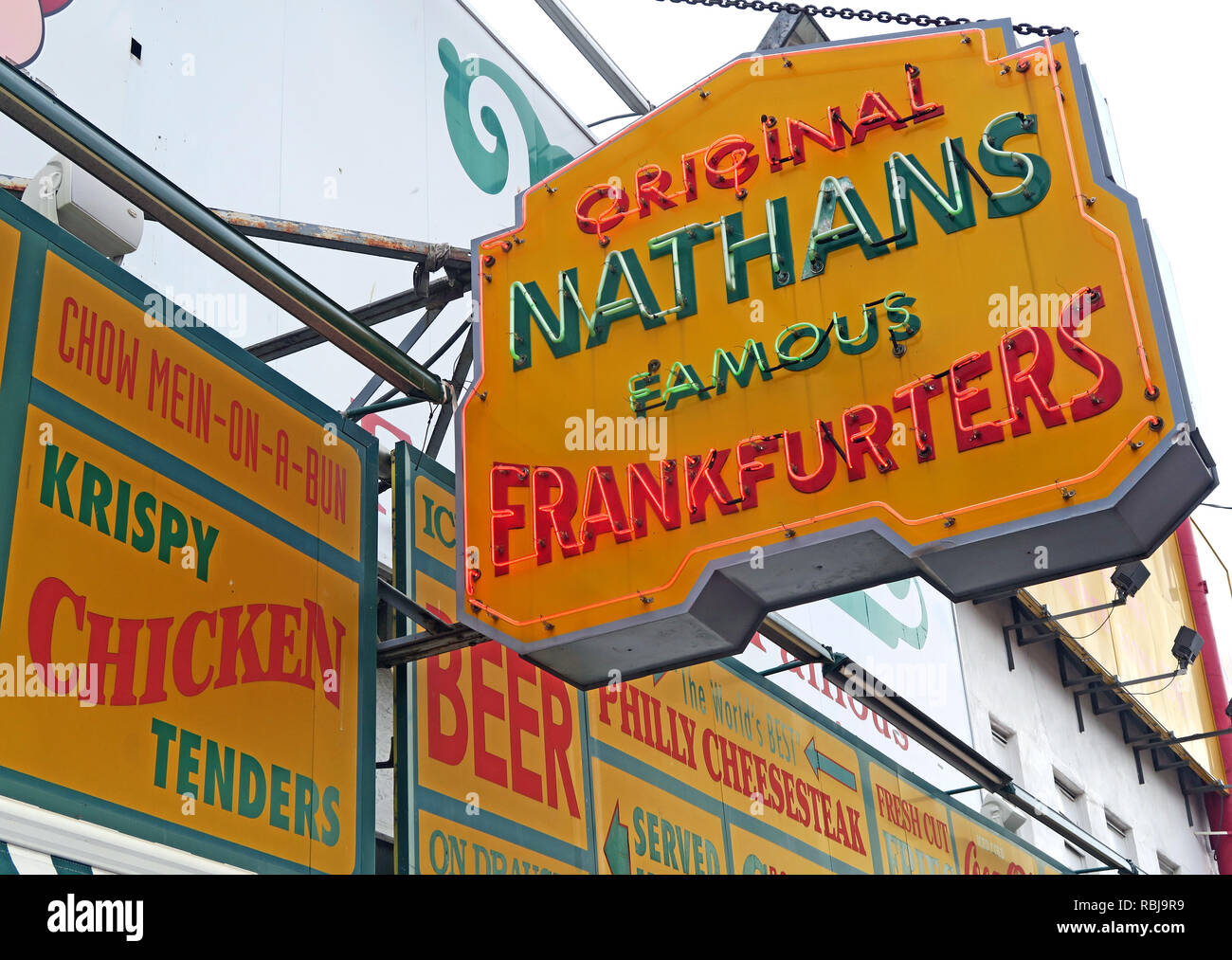 Nathans Handwerker Famous Hotdog Frankfurters Original Restaurant, Deli, Fast Food, Coney Island, Borough of Brooklyn, New York, NY, USA Stock Photo
