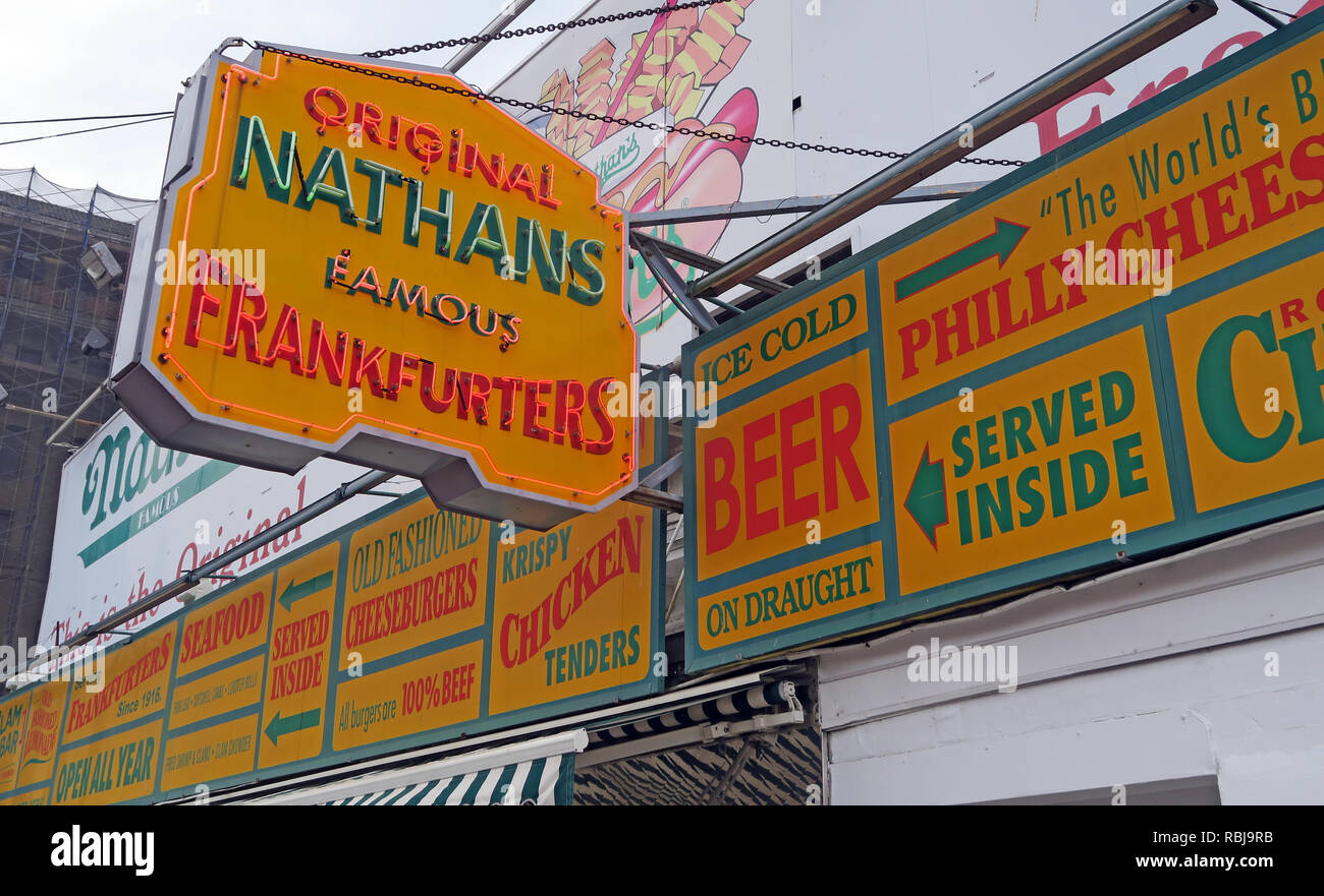 Nathans Handwerker Famous Hotdog Frankfurters Original Restaurant, Deli, Fast Food, Coney Island, Borough of Brooklyn, New York, NY, USA Stock Photo