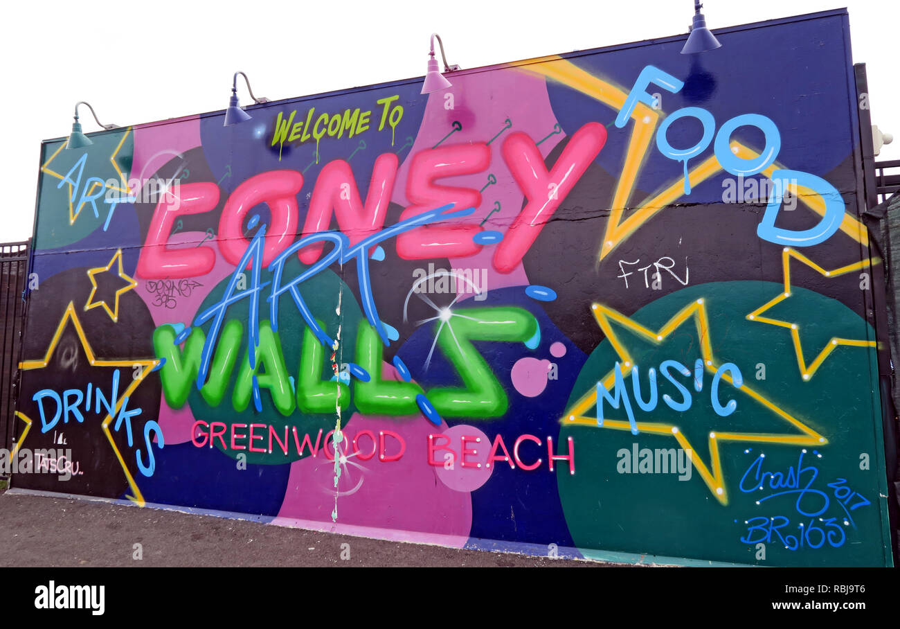 Coney Walls Art - Music, Food - Coney Island Seaside - Brooklyn, New York, NY, USA Stock Photo