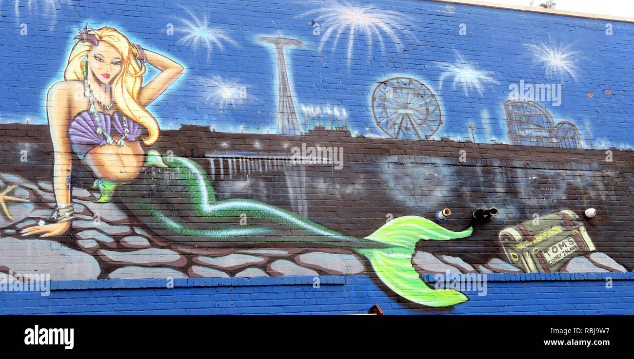 Mermaid graphic at Coney Island theme park, Brooklyn, New York City, NY, USA Stock Photo