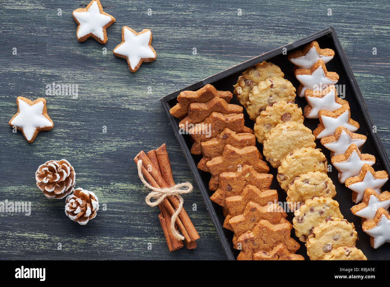 Christmas Chocolate Chip Cookies Flat Lay With Spices And Winter