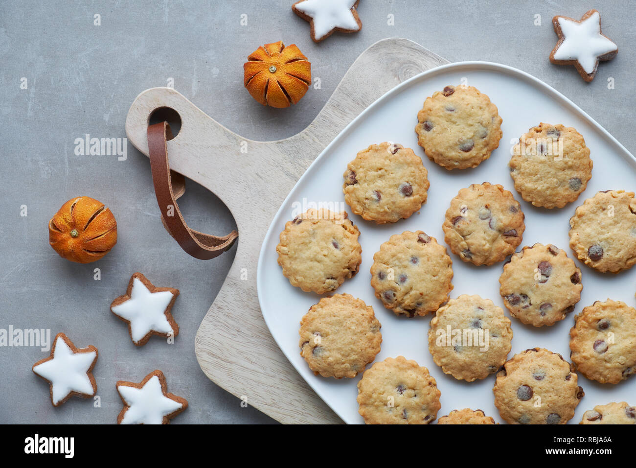 Christmas Chocolate Chip Cookies Flat Lay With Spices And Winter