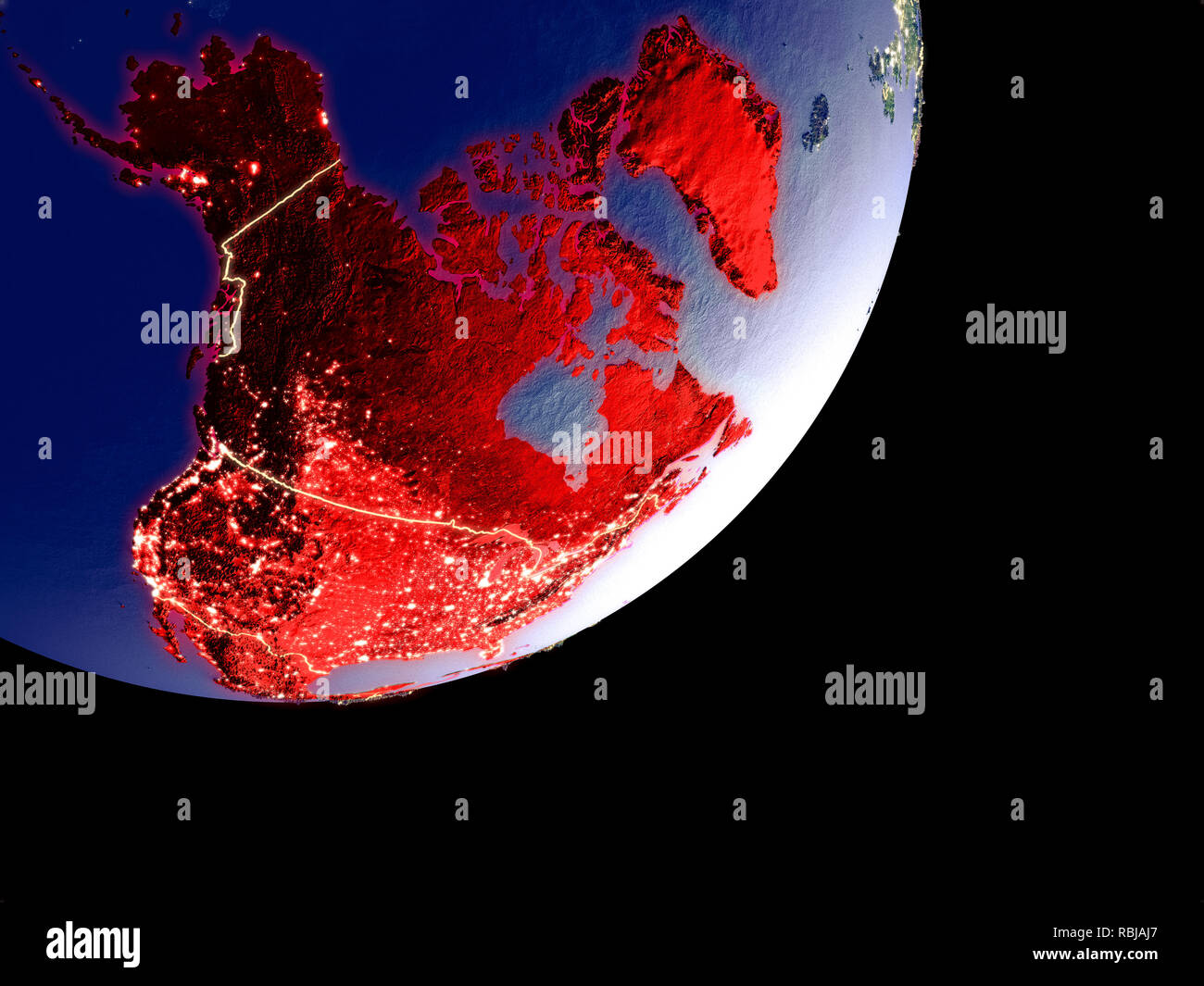 North America from space on model of Earth at night. Very fine detail ...