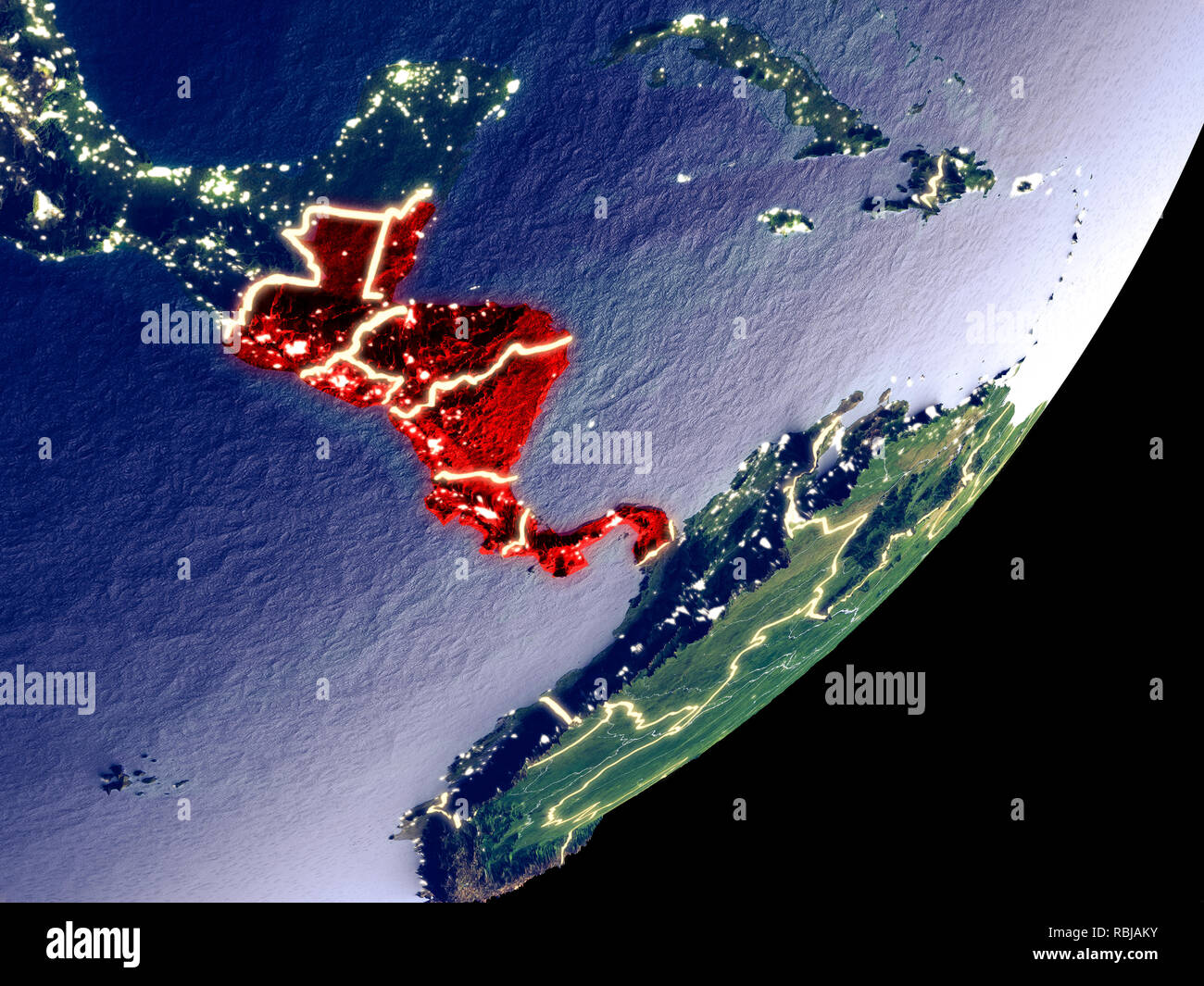 Central America from space on model of Earth at night. Very fine detail ...