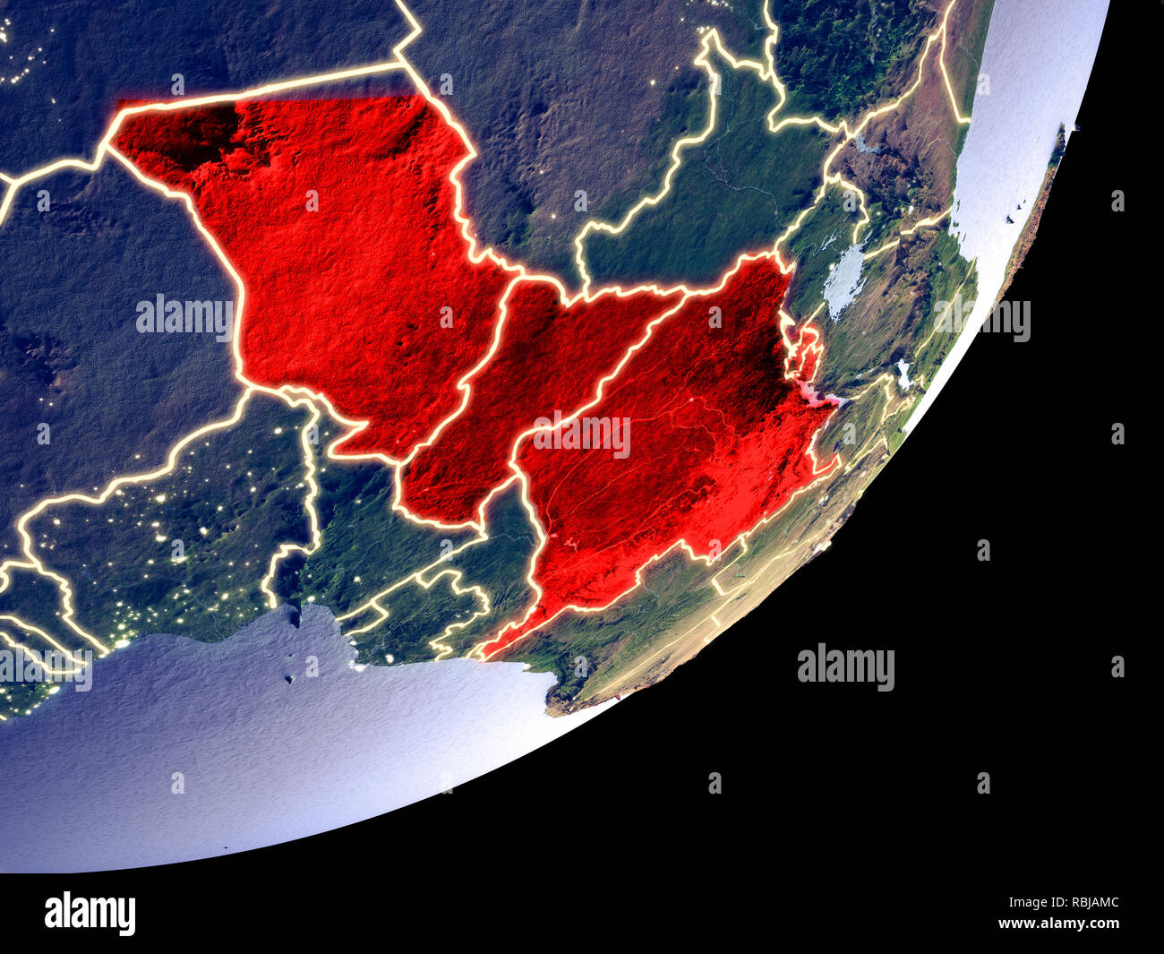 Central Africa from space on model of Earth at night. Very fine detail ...
