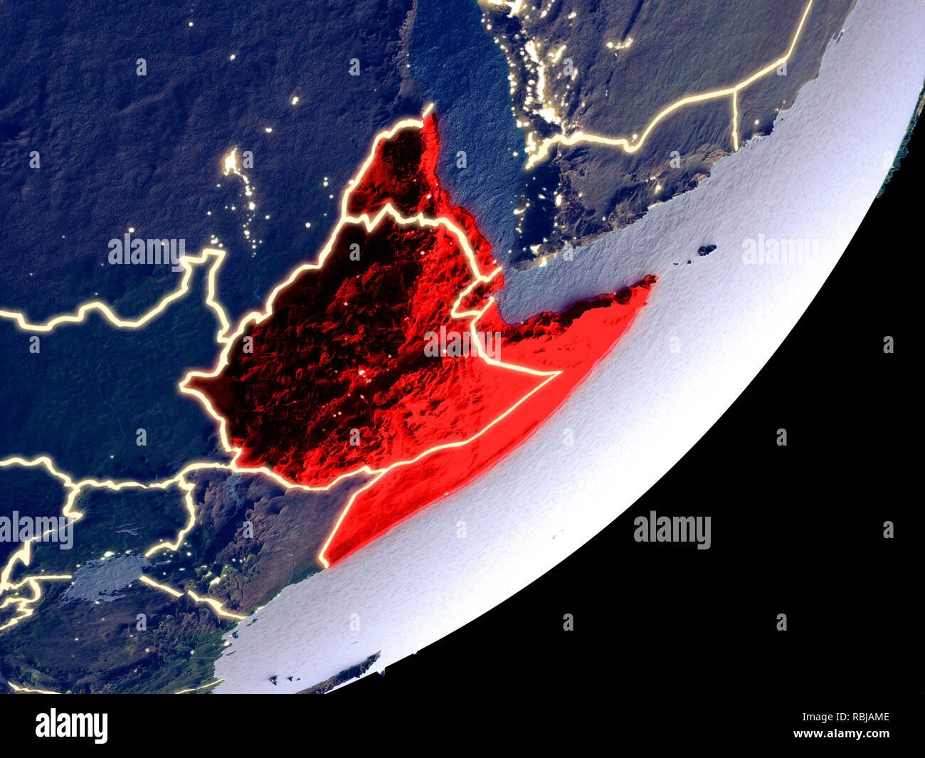 Horn of Africa from space on model of Earth at night. Very fine detail ...