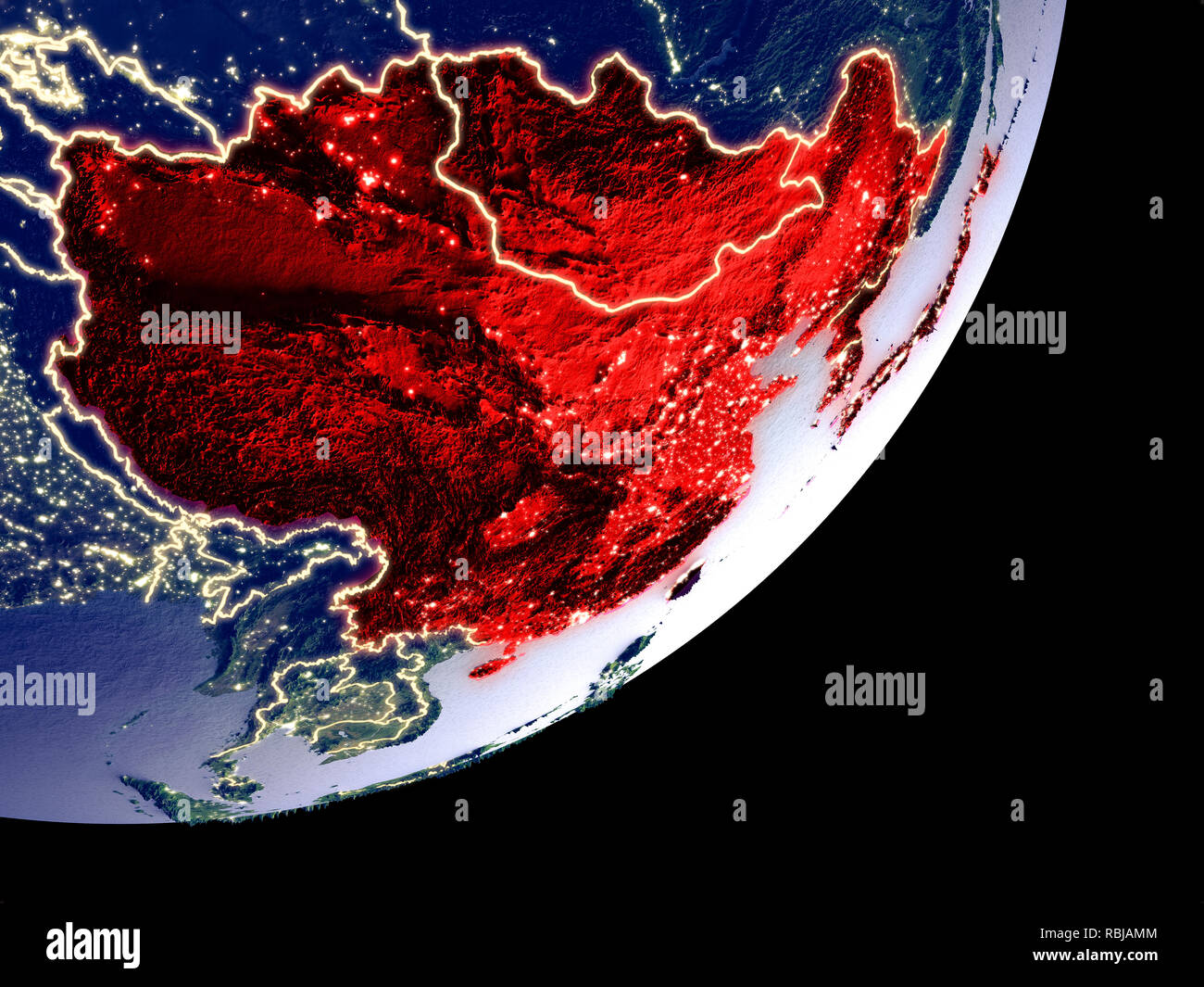 East Asia from space on model of Earth at night. Very fine detail of ...