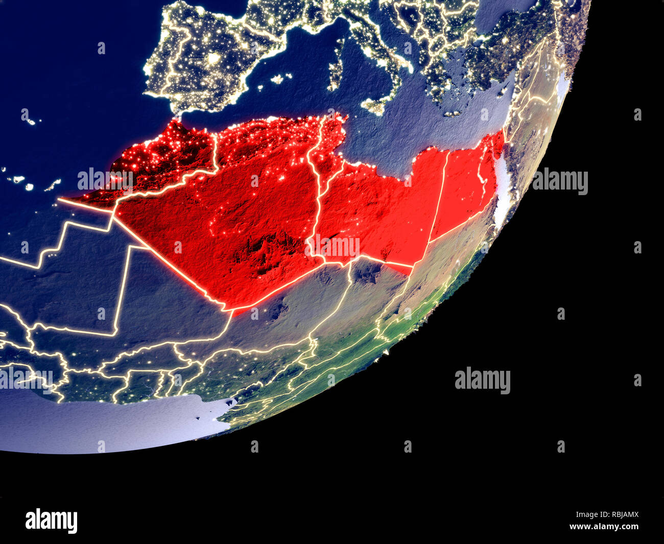 North Africa from space on model of Earth at night. Very fine detail of ...