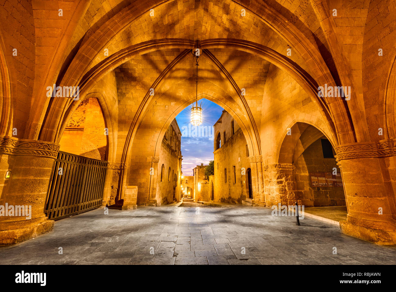 Rhodes, Greece. Night illuminated Streets of Knights built by Hospitaller knights in medieval times. Stock Photo