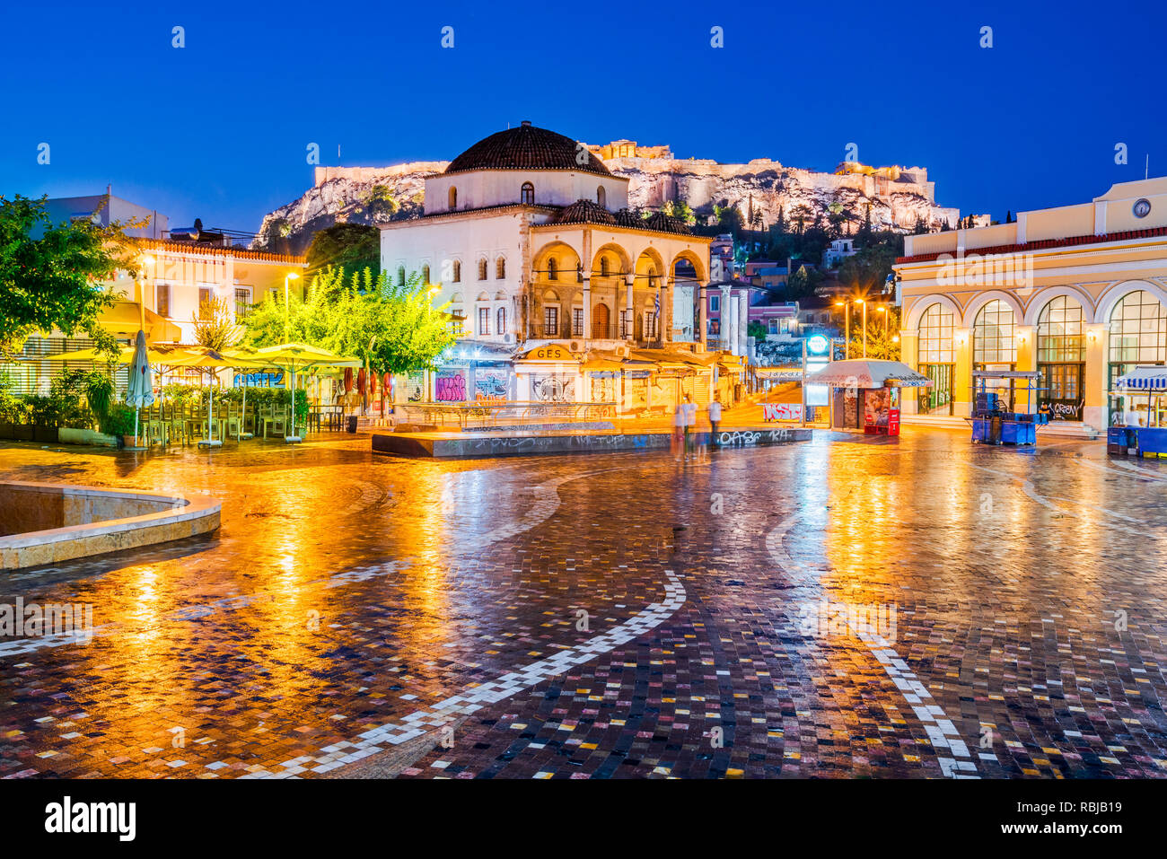 Athens, Greece -  Night image with Athens from above, Monastiraki Square and ancient Acropolis. Stock Photo