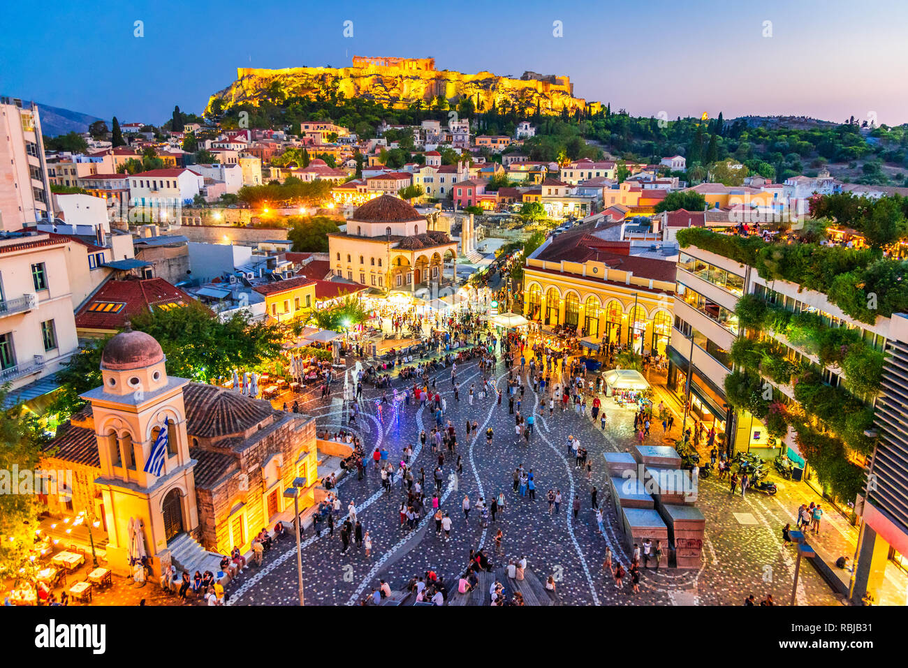 Athens, Greece -  Night image with Athens from above, Monastiraki Square and ancient Acropolis. Stock Photo