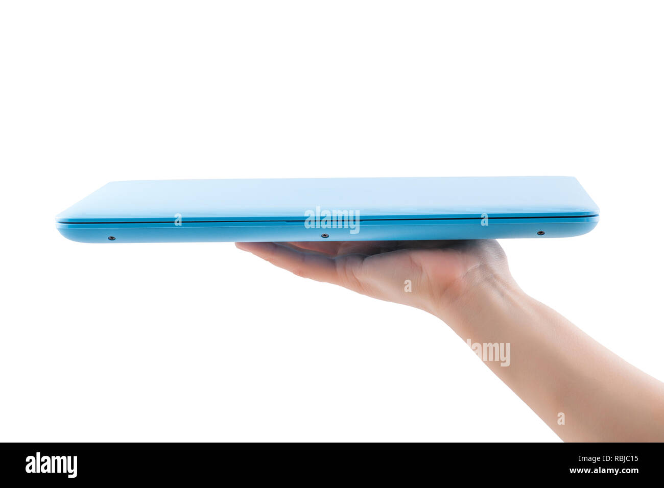 Blue closed laptop demonstrate on female hand on white background Stock Photo