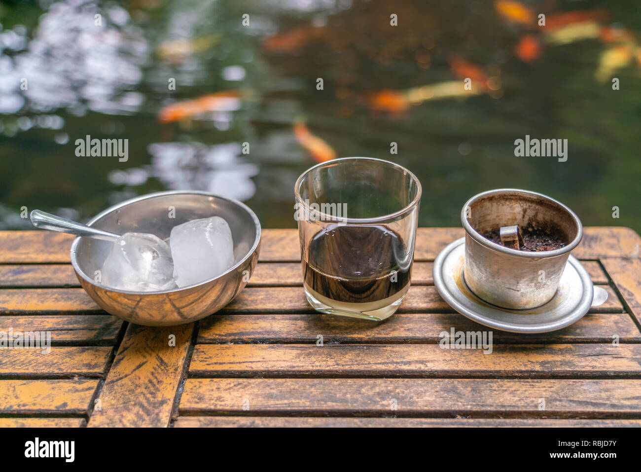 Tradition Vietnam milk coffee with fish tank background Stock Photo Alamy