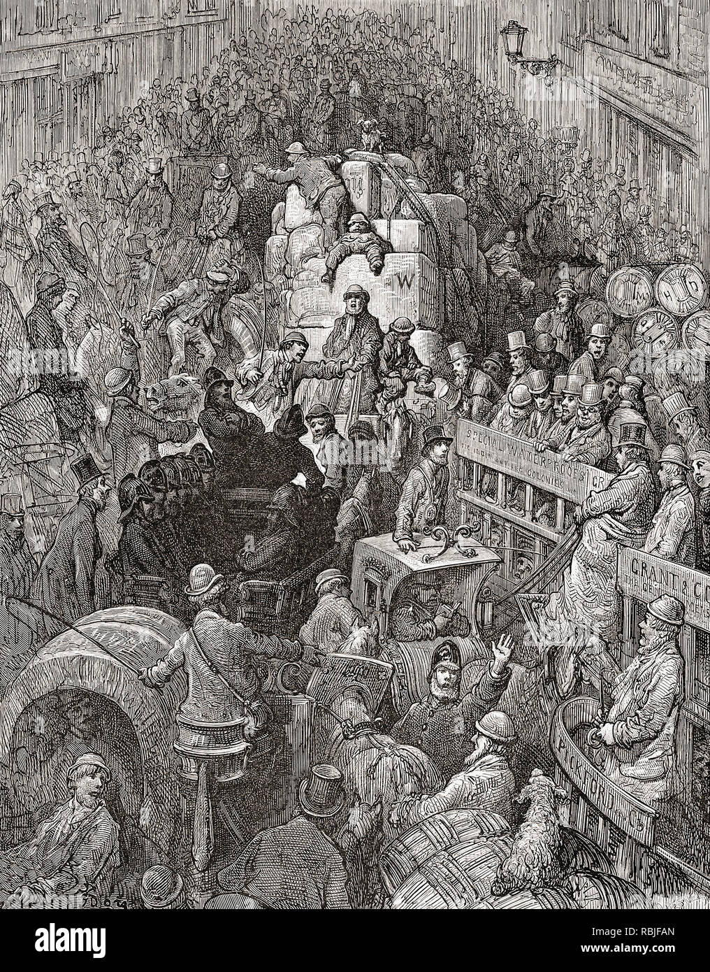 Crowded London street, circa 1869, by French artist Gustave Dore, who worked with British journalist Blanchard Jerrold to produce the book London: A Pilgrimage. Stock Photo