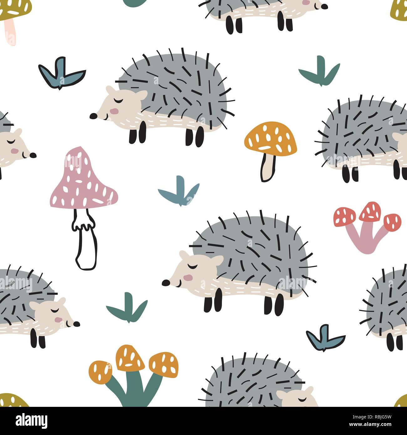 Childish seamless pattern with cute hedgehog and mushrooms. Creative texture for fabric Stock Vector