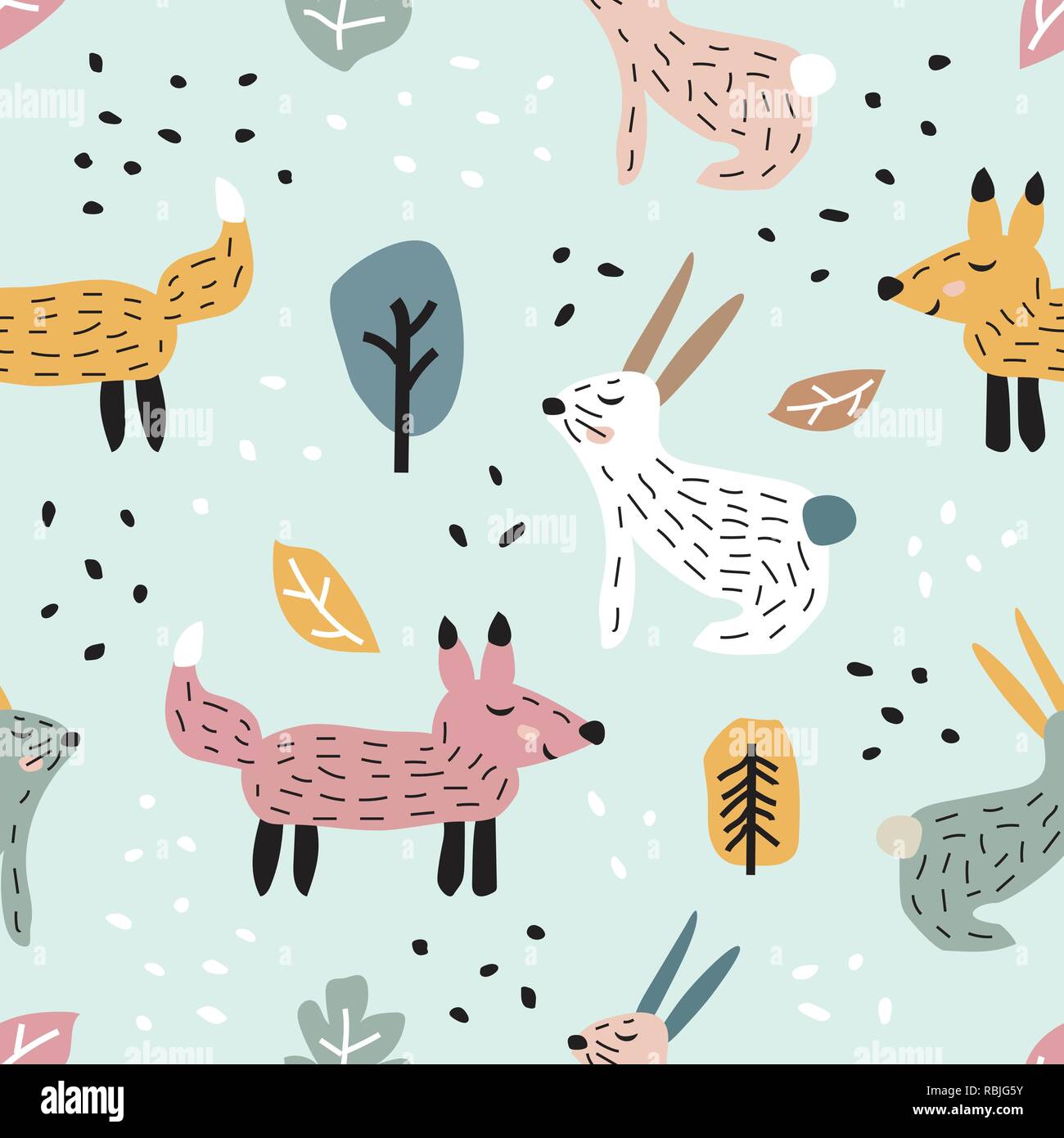 Childish seamless pattern with cute bunny and fox. Creative texture for fabric Stock Vector
