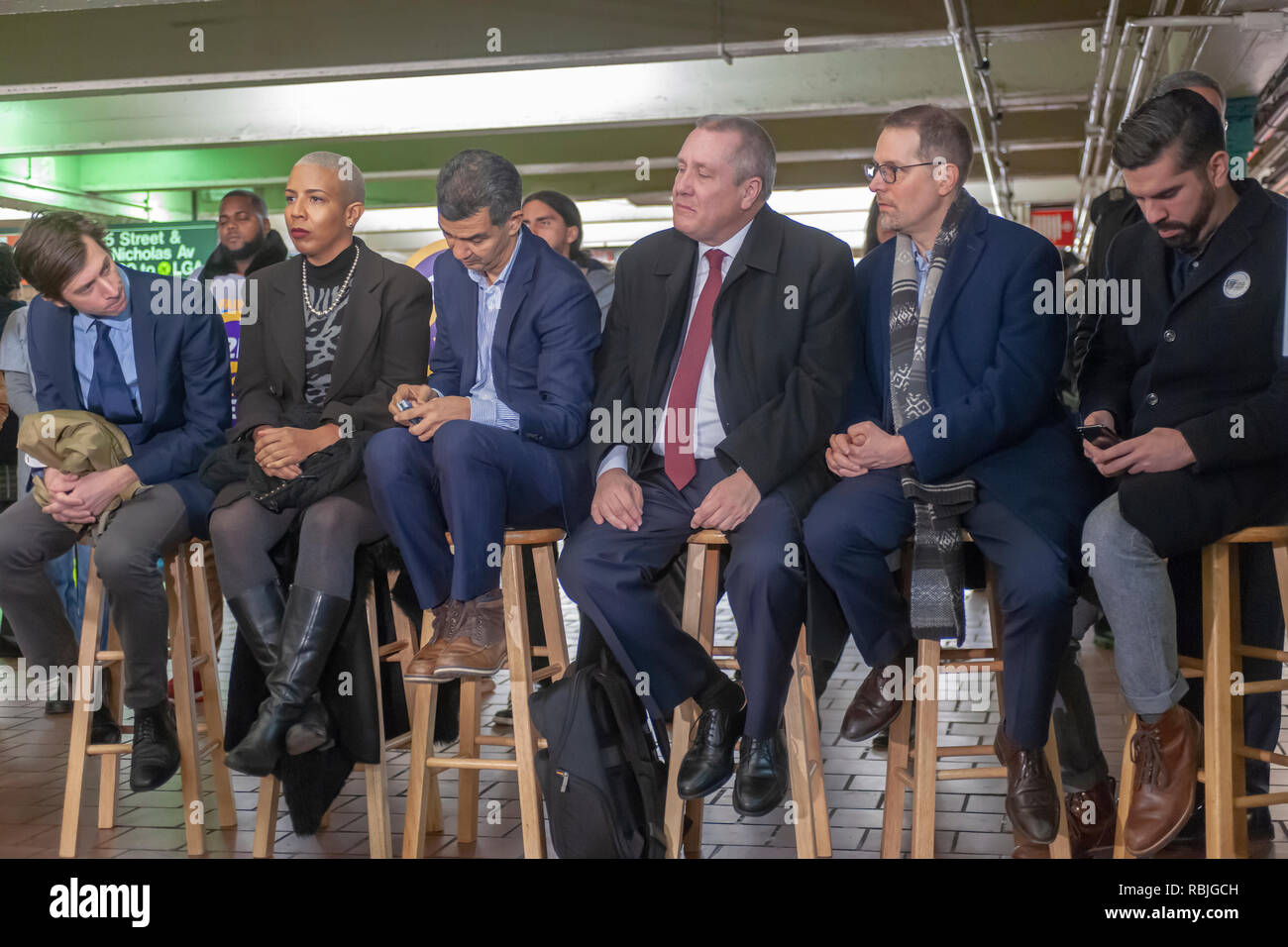 (L-R) City Councilmembers Steven Levin, Laurie Cumbo, Ydanis Rodrigues, Daniel Dromm, Mark Levine, and Rafael Espinal Jr. at the 125th Street IND subway station on Friday, January 4, 2019 for the roll-out of the Fair Fares program. The program provides half-price MetroCards to New Yorkers whose income falls below or is at the federal poverty level and are receiving SNAP benefits. (Â© Richard B. Levine) Stock Photo