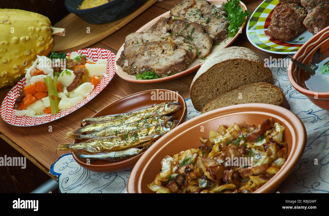 Swedish homemade cuisine, Traditional assorted dishes, Top view. Stock Photo