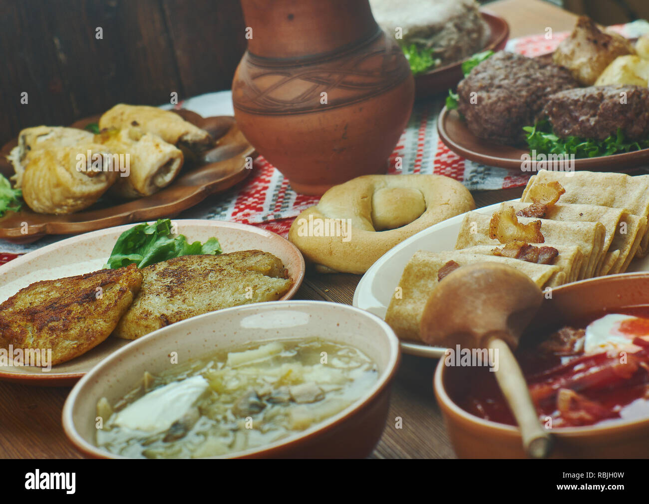 Ukrainian cuisine,  Traditional assorted dishes, Top view. Stock Photo