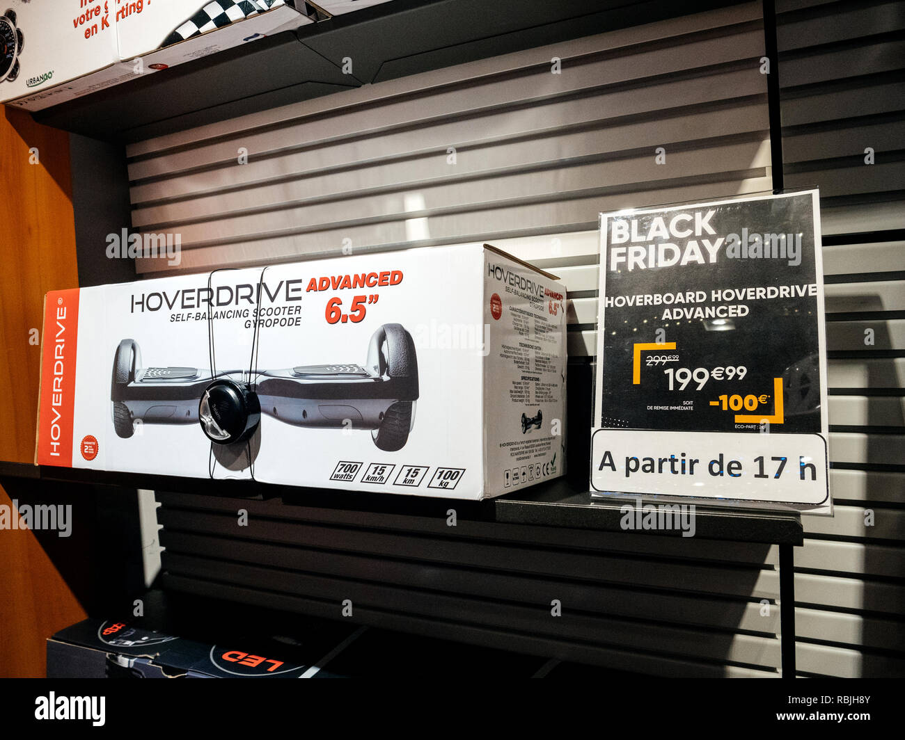PARIS, FRANCE - NOV 23, 2017: Black Friday store shopping day in France, Paris with customers buying electronics gadget in Fnac retail chain Self Balancing Scooter Hoverdrive  Stock Photo