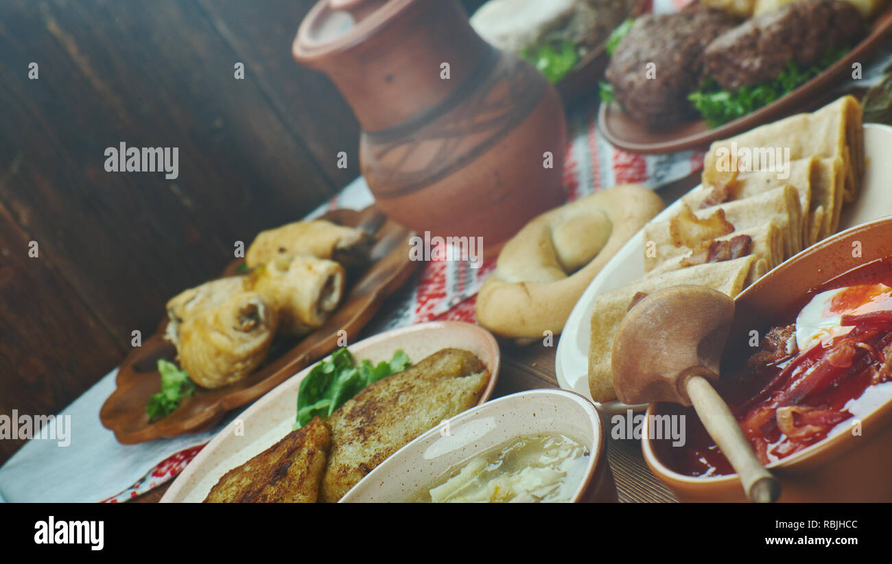 Ukrainian cuisine,  Traditional assorted dishes, Top view. Stock Photo