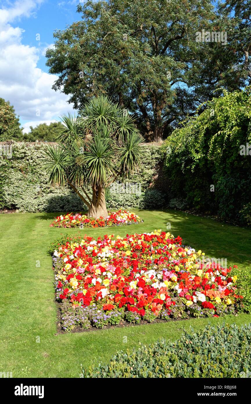 Formal flowerbed planted with colourful annual summer bedding plants in