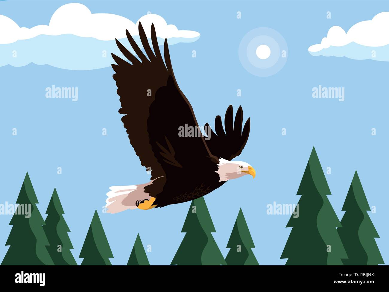 bald eagle bird flying with landscape vector illustration design Stock Vector