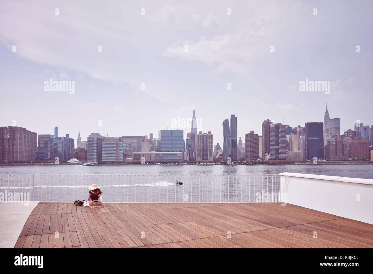 New York City skyline seen from observation deck, color toning applied, USA. Stock Photo