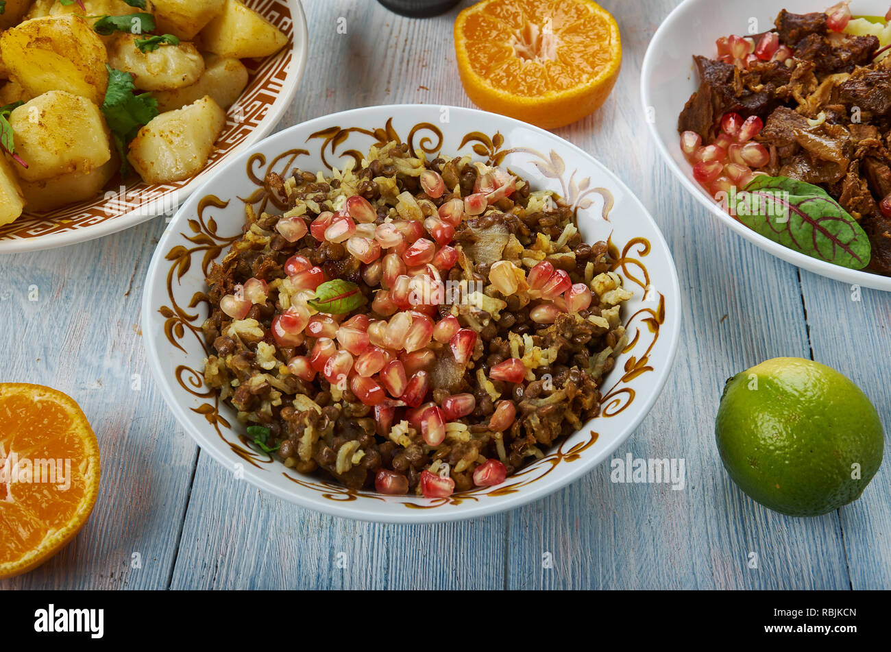 Mujadara, Lentils and Rice with Crispy Onions, Middle Eastern cuisine Levant, Traditional assorted dishes, Top view Stock Photo